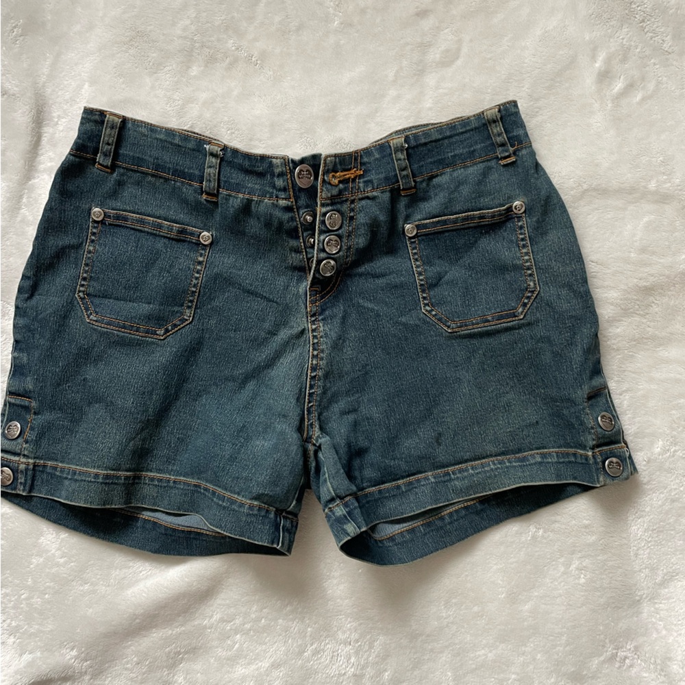 Blue Jean Shorts with Raw Hem and Contrast Stitching